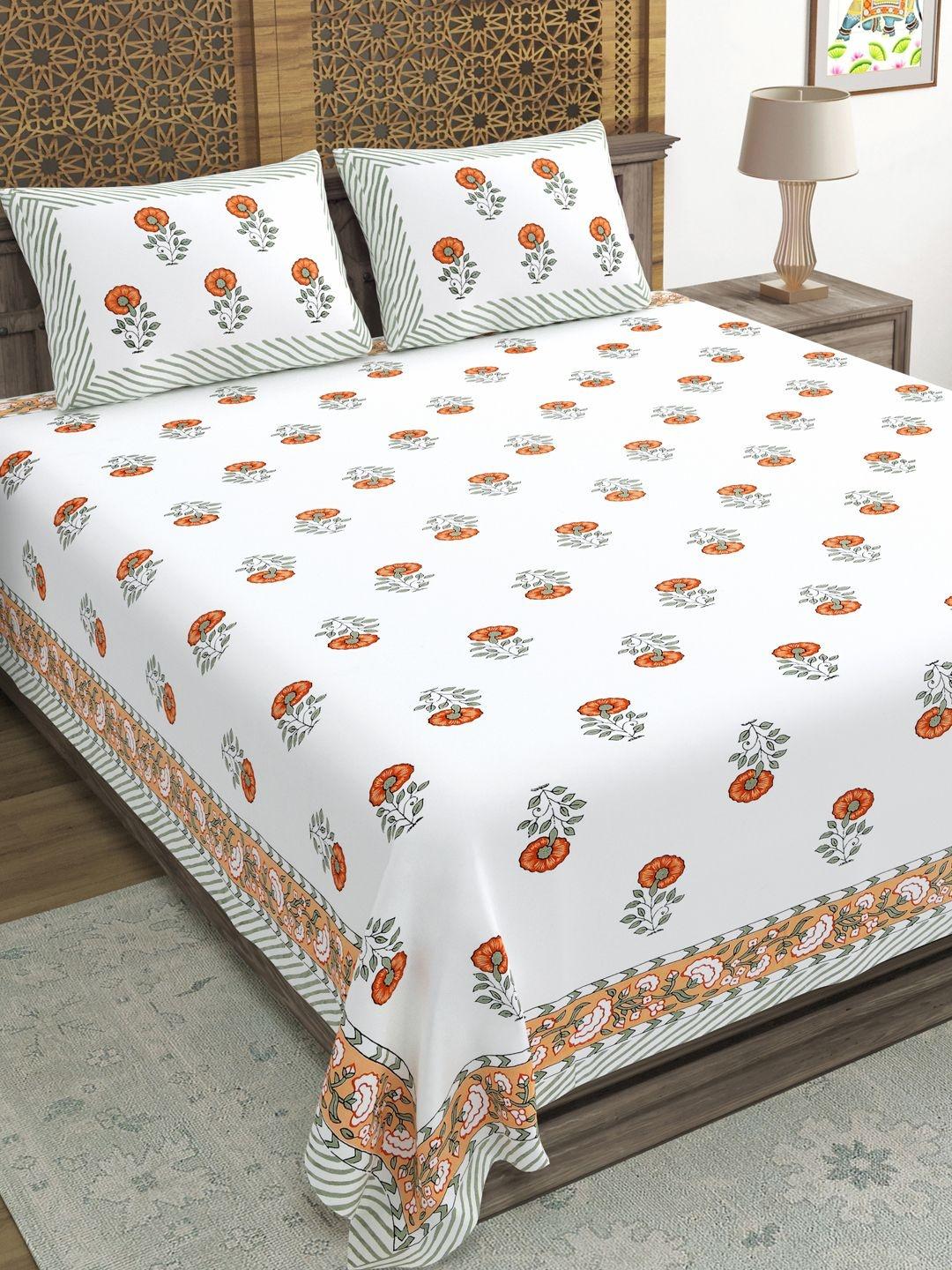 Buy BLOCKS OF INDIA White & Green Floral 210 TC King Bedsheet With 2 Pillow Covers - - Home for Unisex
