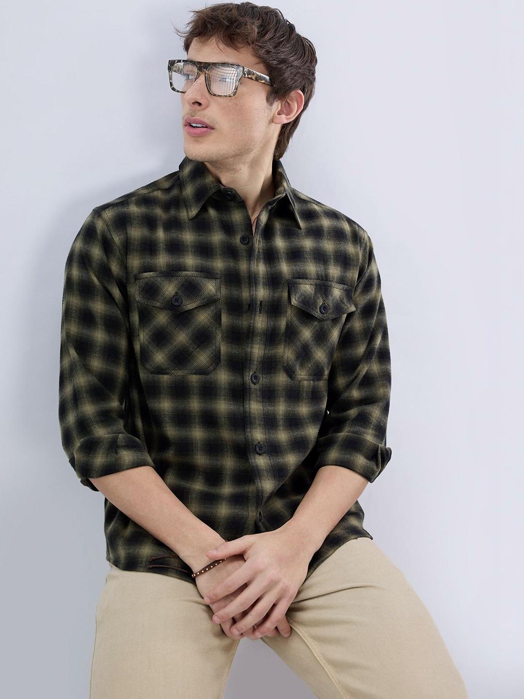 VASTRADO Deep Olive Soft Rustic Checks Double Pocket Shirt