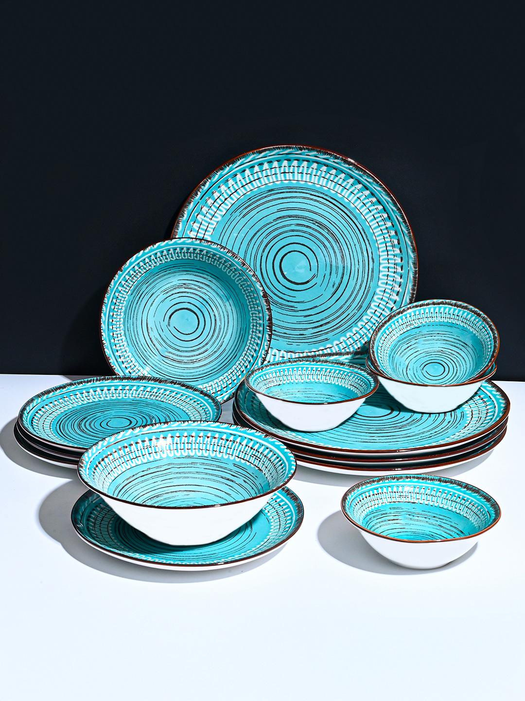 Buy MARKET99 Monet 14 Pieces Turquoise Line Ceramic Microwave & Dishwasher Safe Dinner Set -  - Home for Unisex