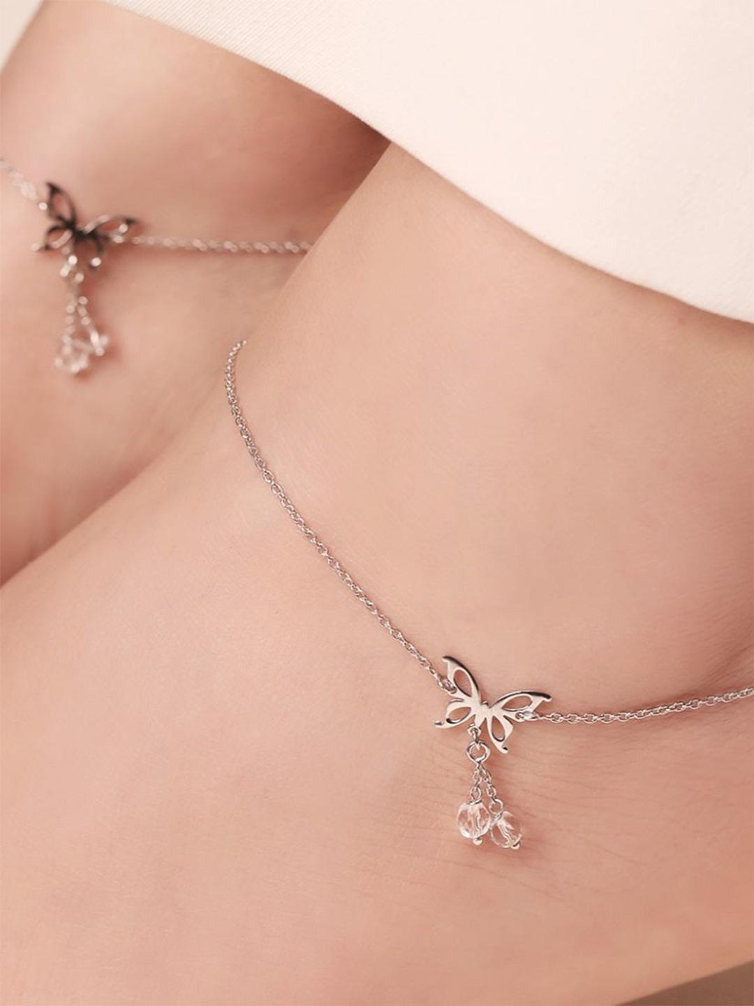 Buy Zavya Set Of 2 925 Pure Silver Rhodium Plated Artificial Beads Anklet - - Accessories for Women