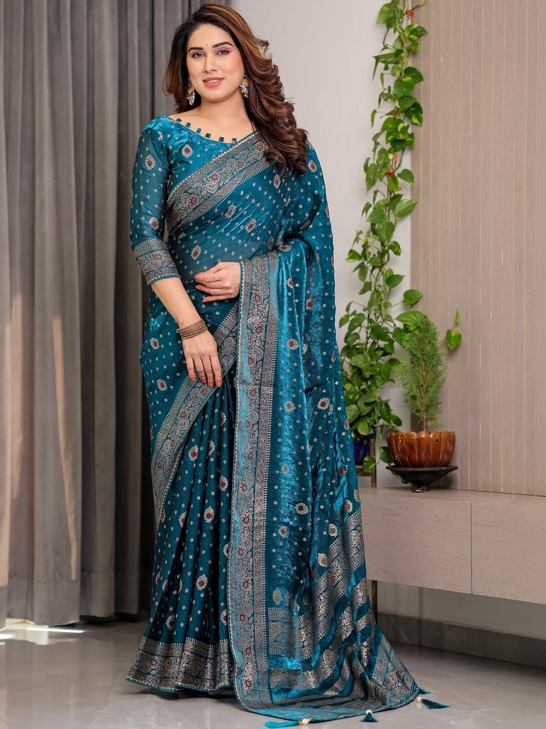 Buy ALMAARI FASHION Ethnic Motifs Zari Pure Chiffon Handloom Block ...