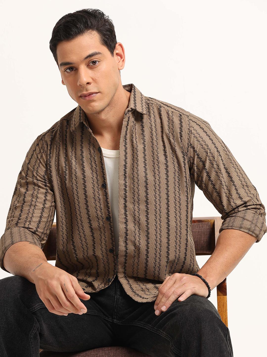 MOHICANS Striped Spread Collar Regular Fit Casual Shirt