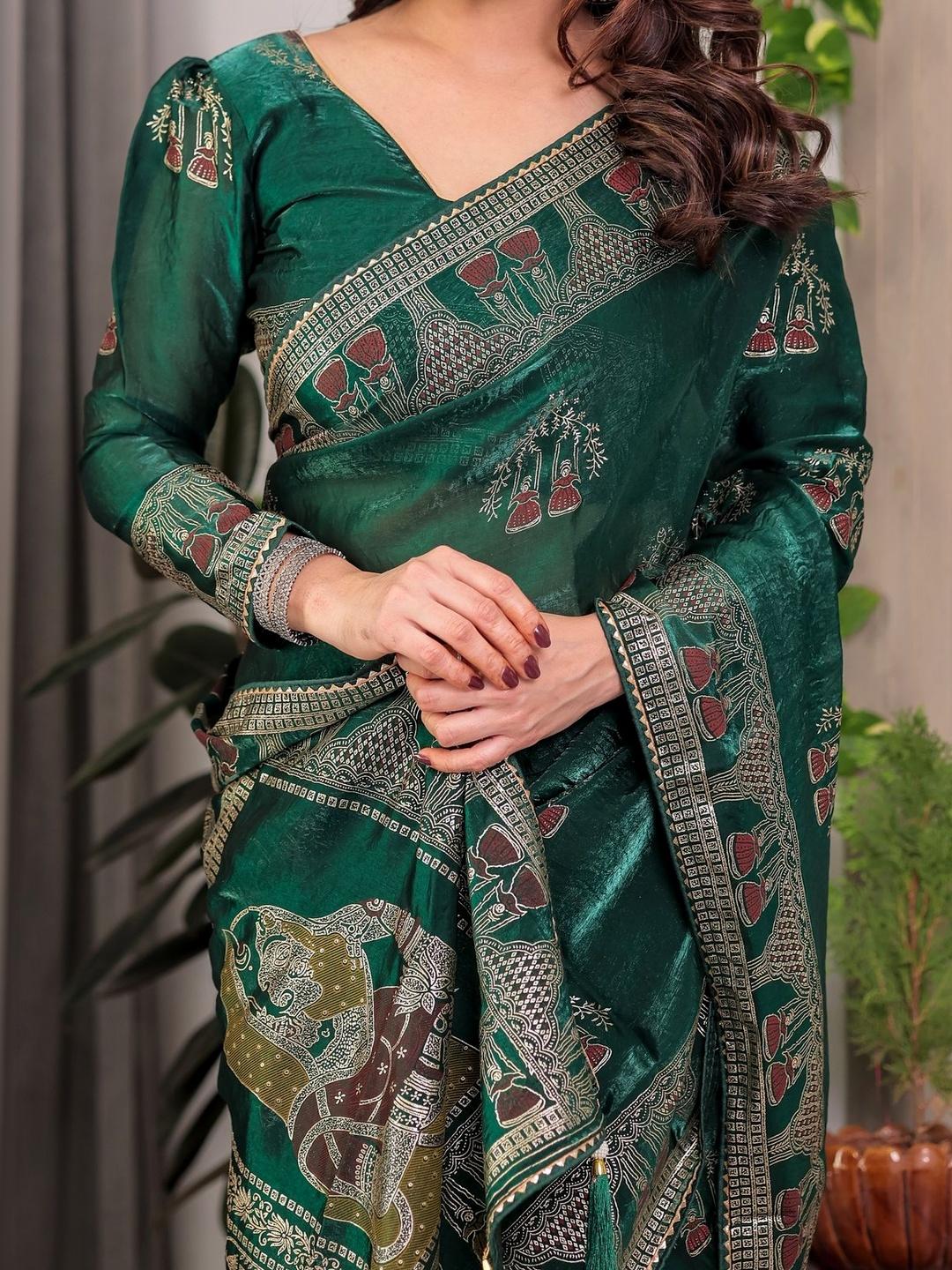 Buy ALMAARI FASHION Ethnic Motifs Zari Pure Chiffon Handloom Block ...