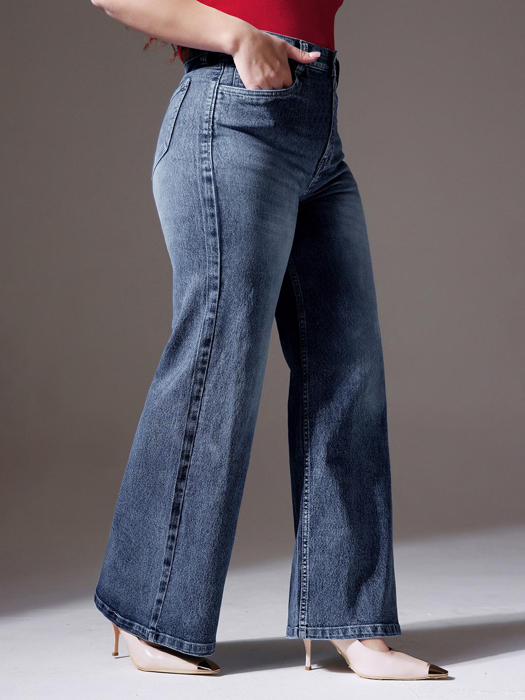 Miss Chase A+ Plus Size Women Light Blue Wide-Leg High-Rise Clean-Look Stretchable Denim Jeans