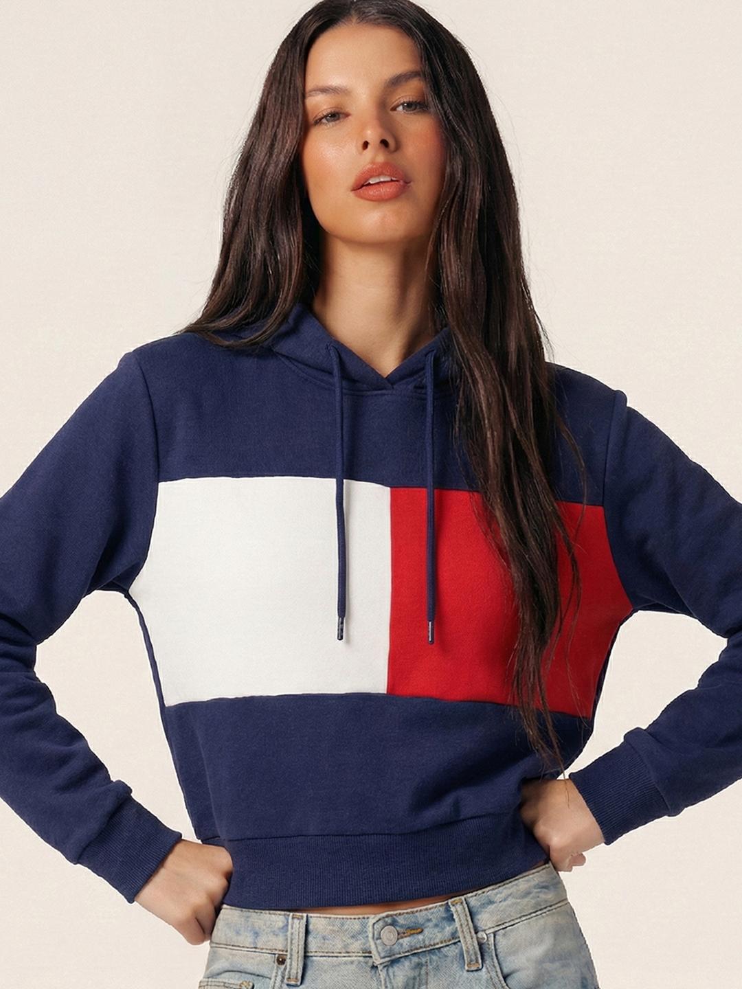Buy Tokyo Talkies Women Navy Blue & Red Colourblocked Hooded Sweatshirt -  - Apparel for Women