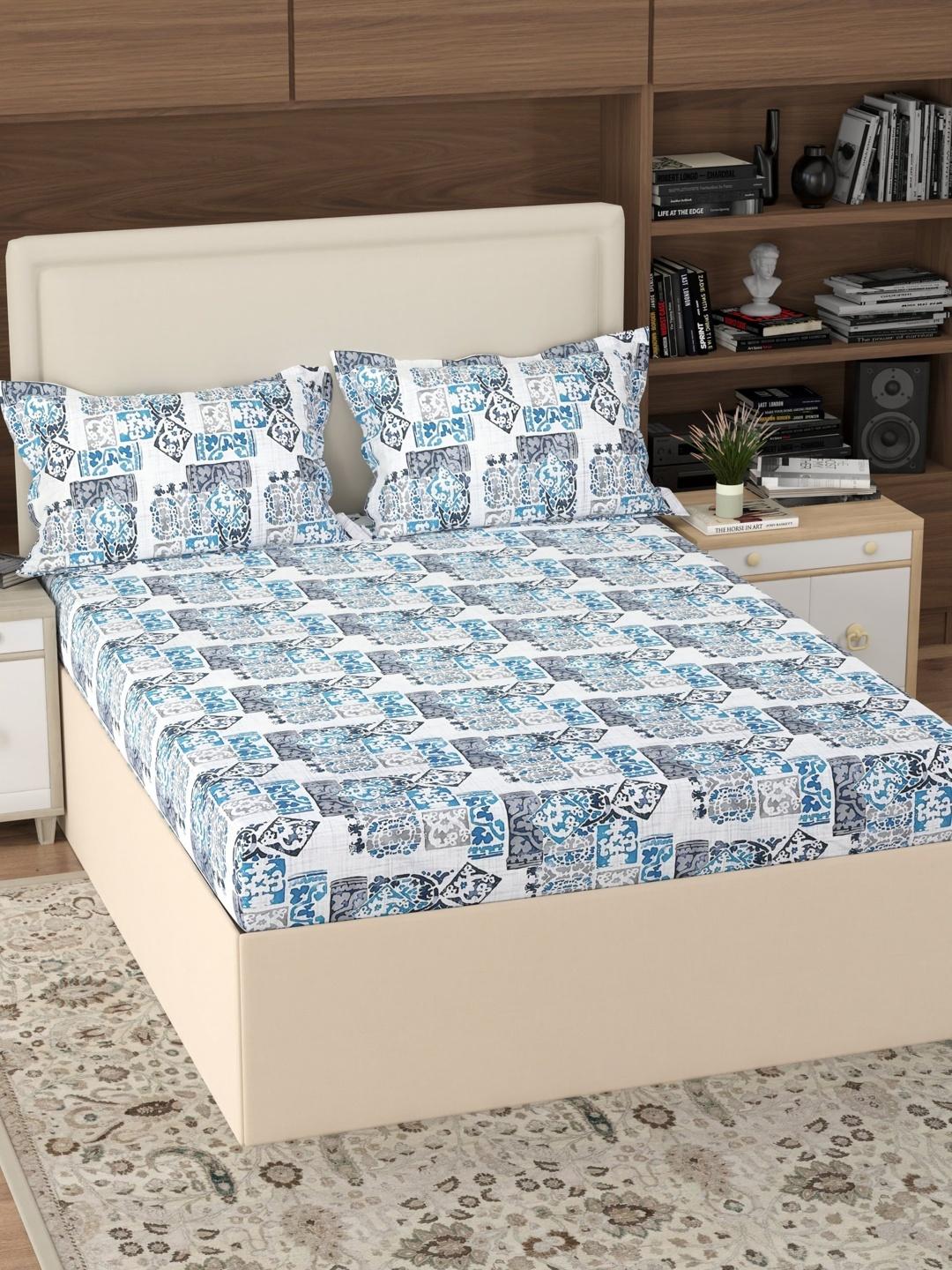 Buy Pure Decor White & Multicoloured Geometric 180 TC Queen Bedsheet With 2 Pillow Covers - - Home for Unisex
