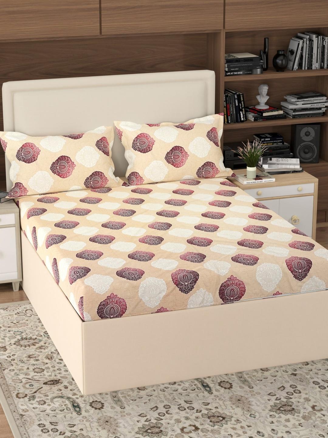 Buy Pure Decor Beige & Multicoloured 180 TC Queen Bedsheet With 2 Pillow Covers - - Home for Unisex