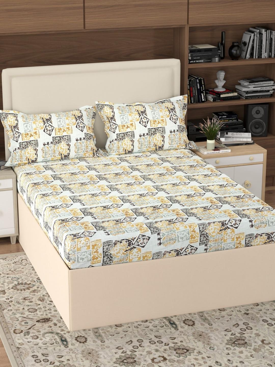 Buy Pure Decor White & Multicoloured 180 TC Queen Bedsheet With 2 Pillow Covers - - Home for Unisex