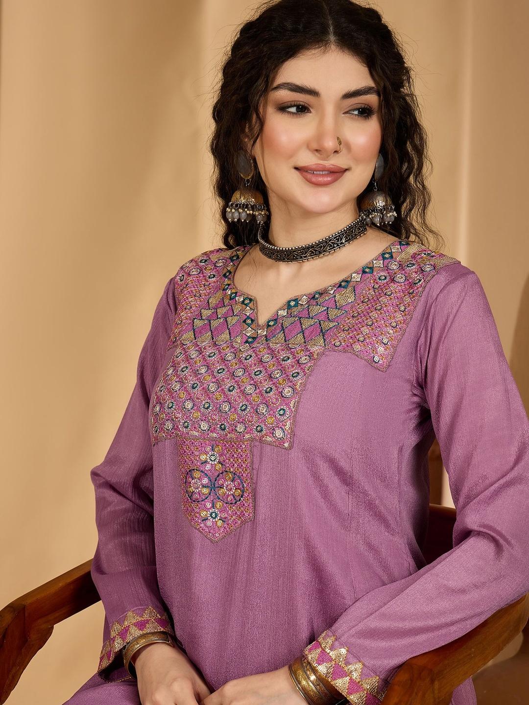 Buy Sangria Embroidered V Neck Tunic & Trousers Co Ords - - Apparel for Women