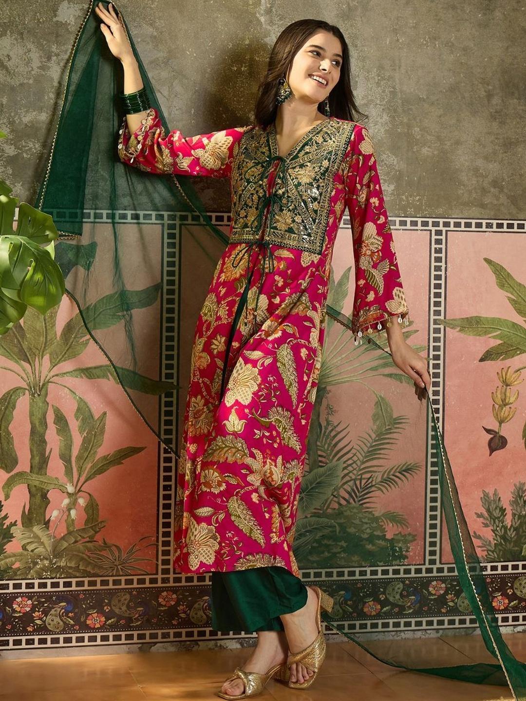 Ethnic Junction Women Floral Printed Layered Mirror Work Kurta with Palazzos & With Dupatta