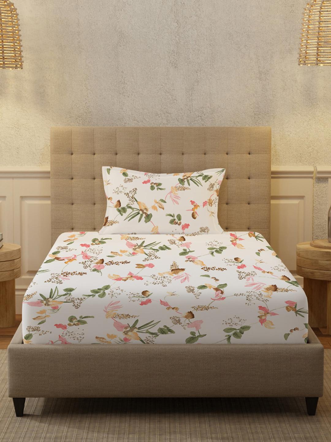 Buy URBAN SPACE Cherry Blossom White Floral Pure Cotton Breathable 200 TC Double Fine Bedsheet With A Pillow Cover 87 X 93 Inches -  - Home for Unisex