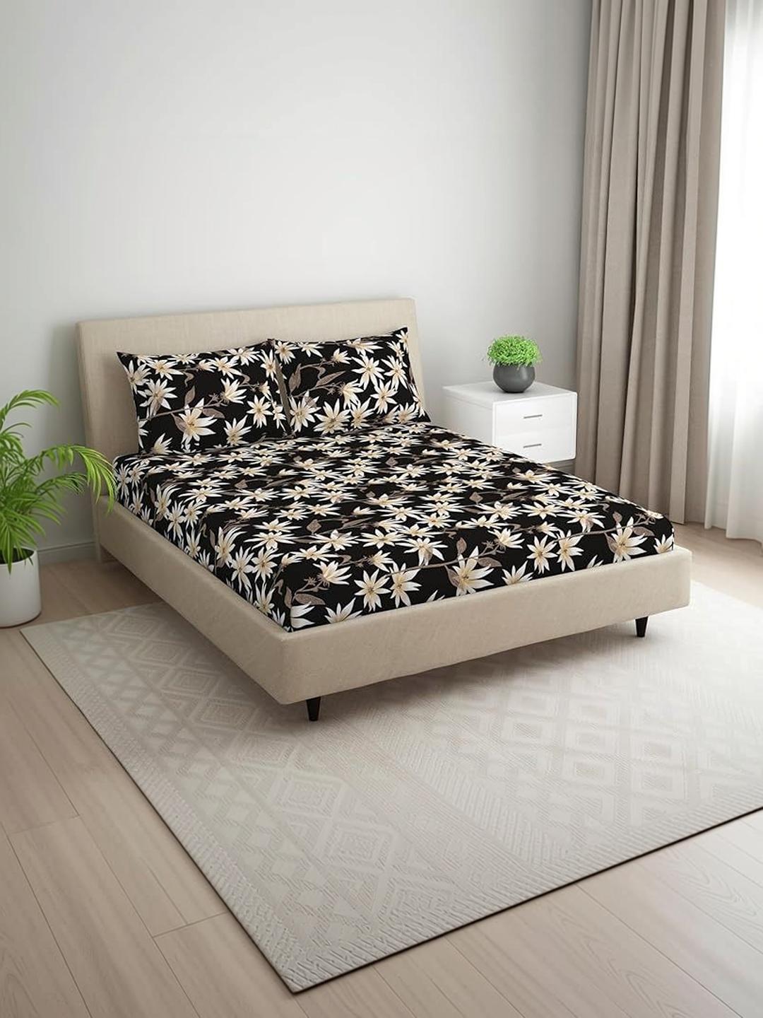 Buy LUZDECOR Black Floral King Bedsheet With 2 Pillow Covers - - Home for Unisex