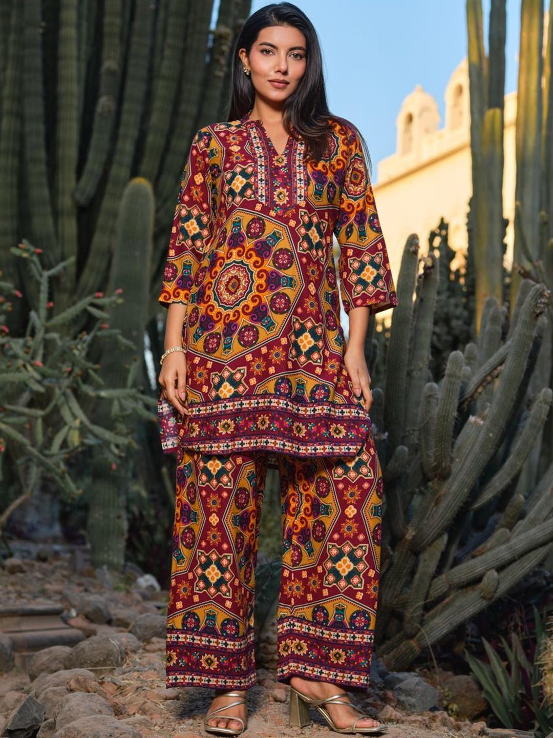 Buy Sangria Printed Mandarin Collar Top & Palazzos Co Ords -  - Apparel for Women