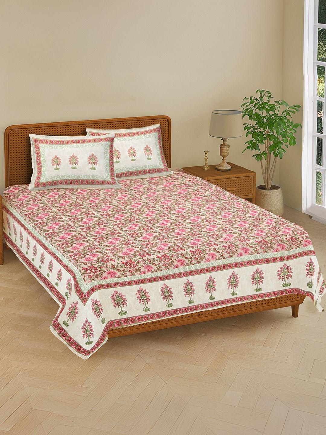 Buy URBAN SPACE Pink & Green Floral Queen Bedsheet With 2 Pillow Covers -  - Home for Unisex