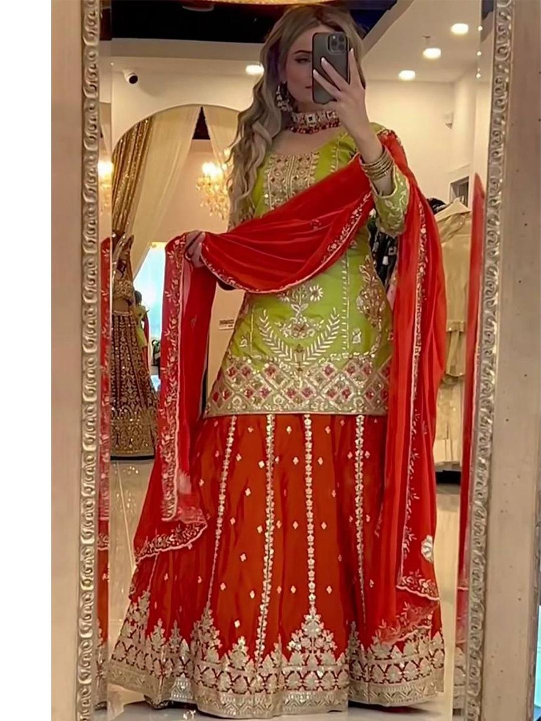 SHAFNUFAB Women's Georgette Ethnic Wear for WomenSemi StitchedSalwarSuit   SF201181  Diwali Outfit Bridal Yellow  Colour Indian CasualWearSalwarSuit IN Eid