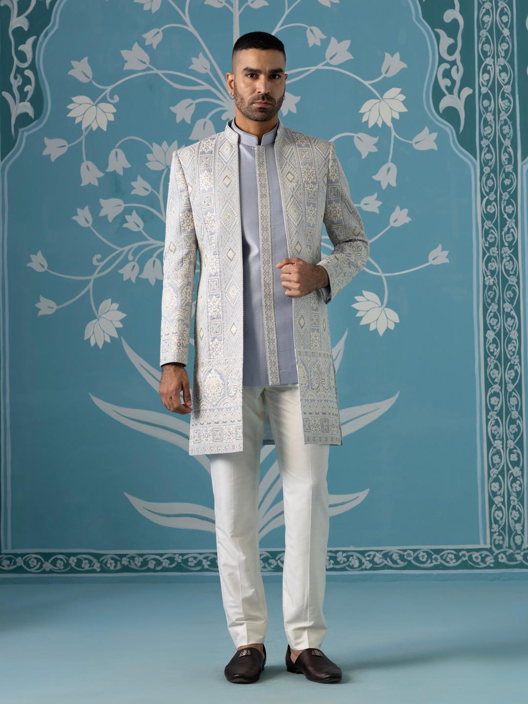 Buy TheEthnic.Co Embroidered Mandarin Collar Sherwani Set - Sherwani ...