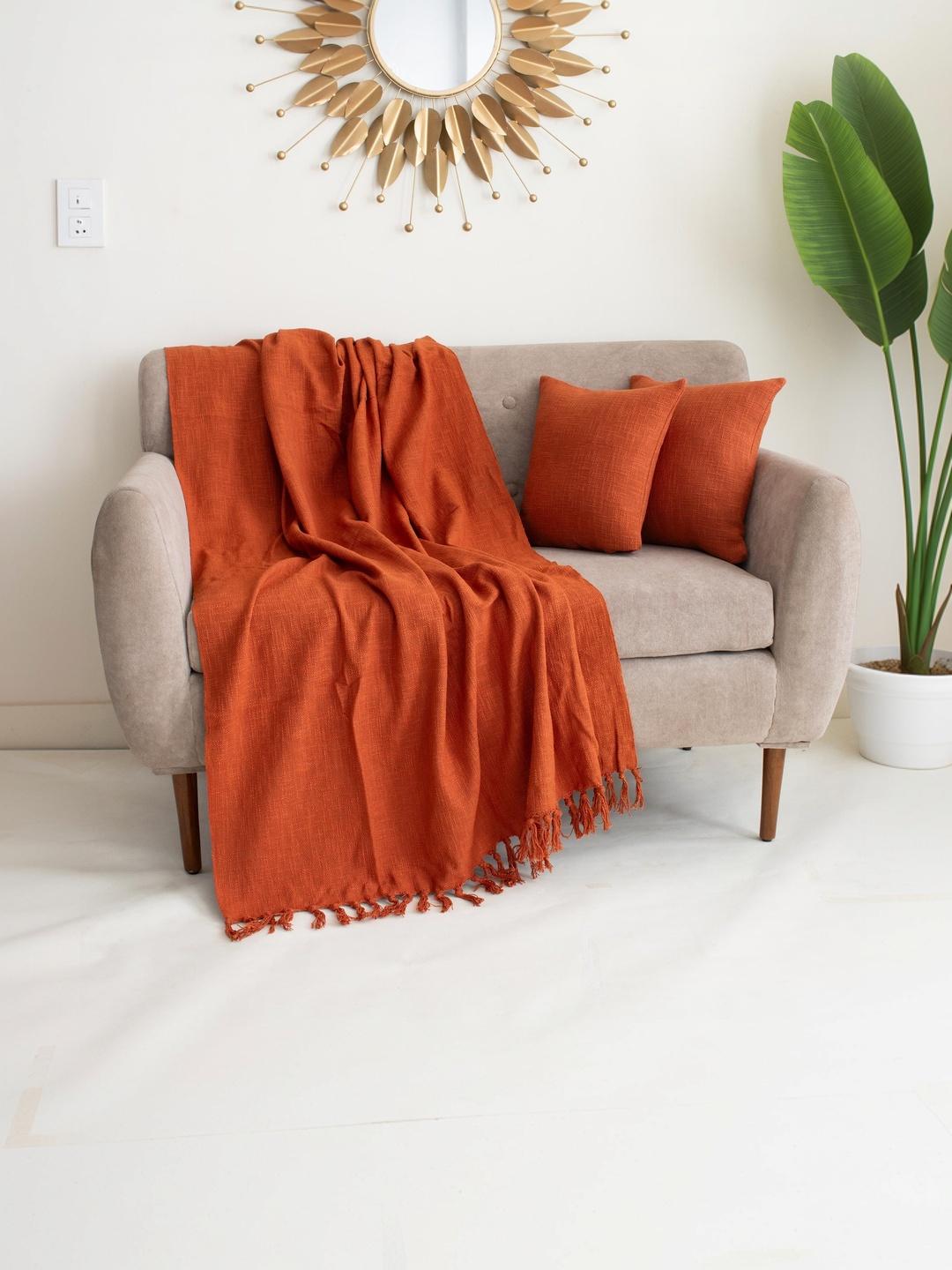 Buy DMAASA Rust Orange Pure Cotton Throw With Cushion Cover - - Home for Unisex