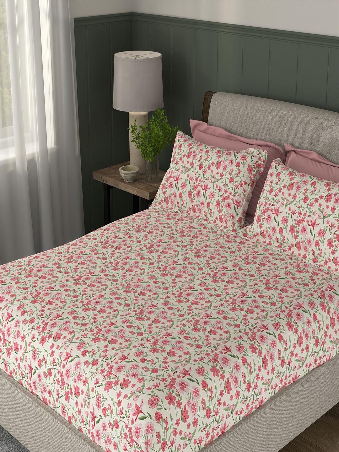 Buy Portico New York Signature Cream Coloured Floral 104 TC Bedsheet With 2 Pillow Covers - - Home for Unisex