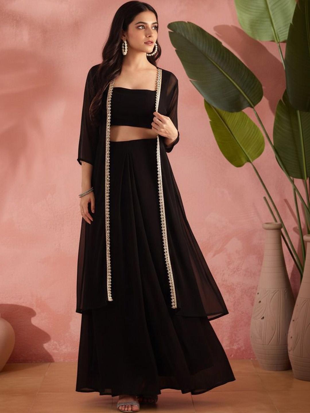 Women's Black Velvet Kurta with Pant and Pink Sunset Dupatta with Lace 3 Piece Set | Straight Fit, Round Neck, Full Sleeves, Pants, Festive Wear, (Velvet)