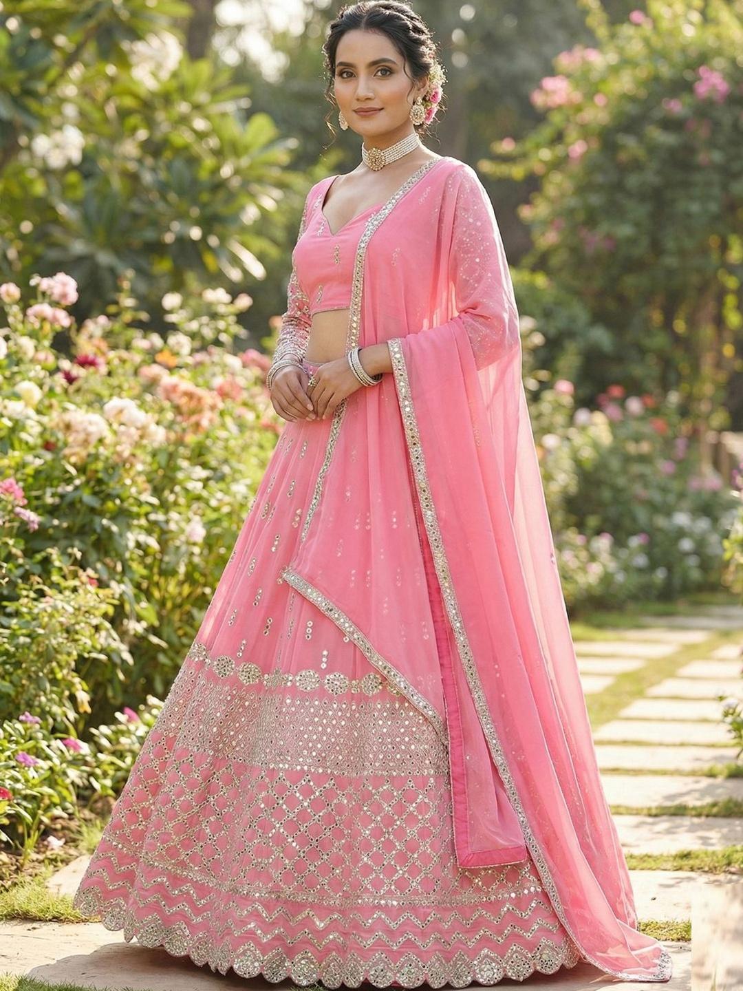 Buy KALINI Embellished Mirror Work Semi Stitched Lehenga & Unstitched ...