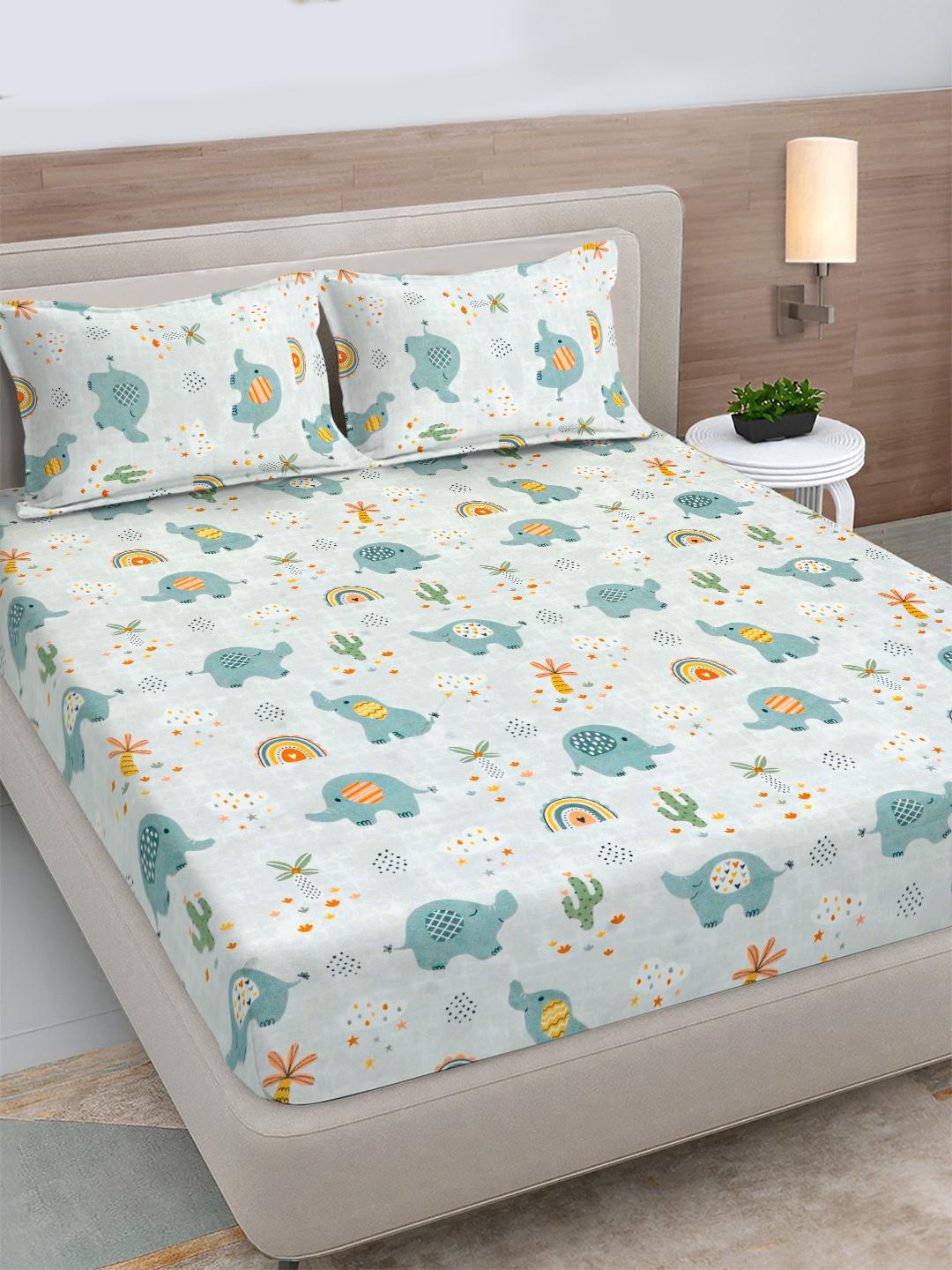 Buy FABINALIV Off White Cartoon Print 300 TC King Bedsheet With 2 Pillow Covers -  - Home for Unisex Kids