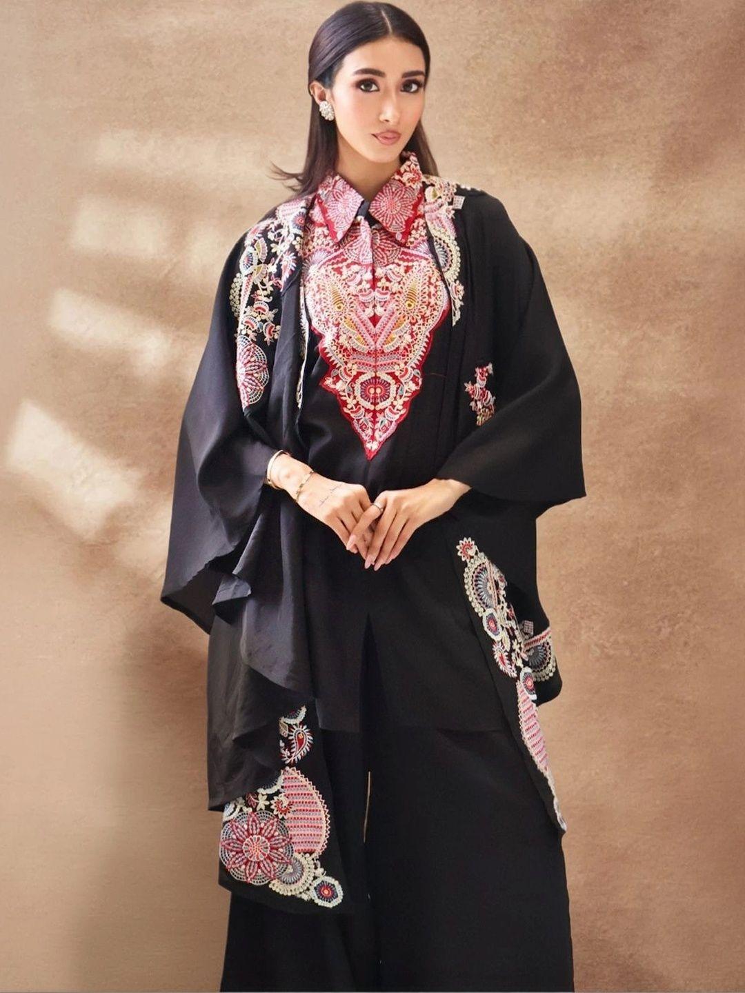 Buy Libas Art Embroidered Shirt Collar Tunic Palazzos & Shrug Co Ords Set -  - Apparel for Women