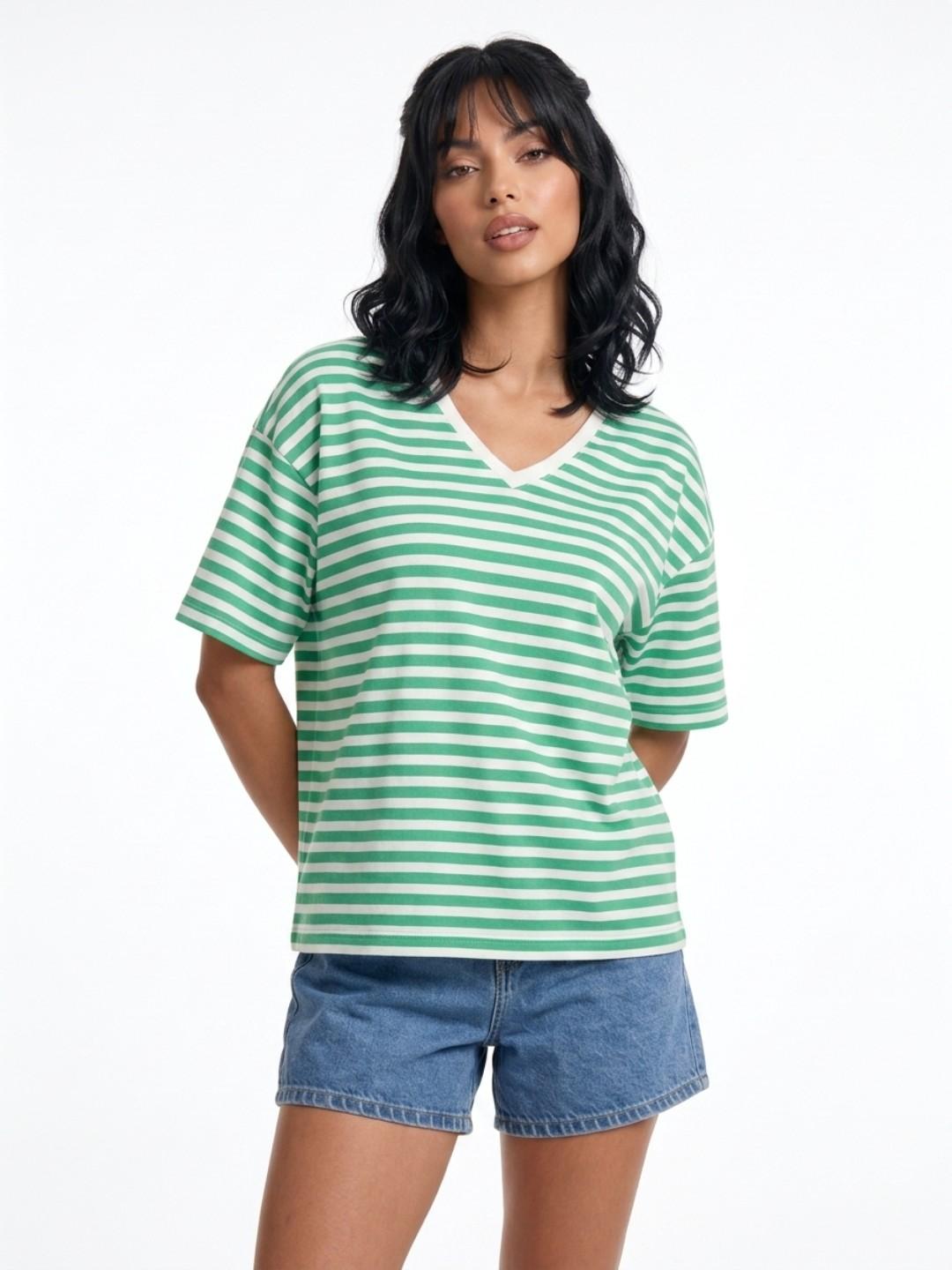 glitchez Striped V-Neck Drop-Shoulder Oversized T-shirt