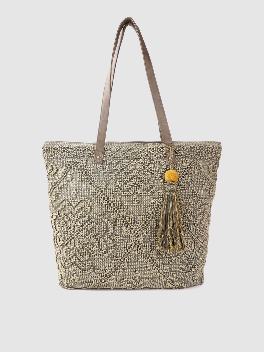 Buy Anouk Geometric Self Design Tasselled Canvas Oversized Shopper Shoulder Bag - - Accessories for Women