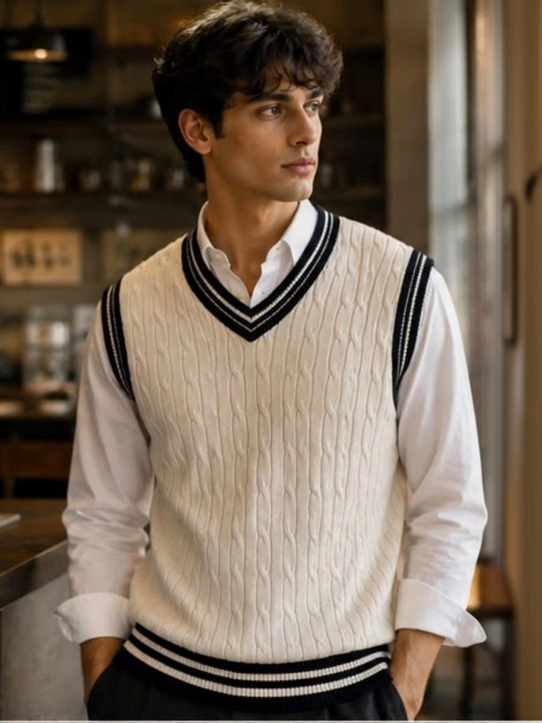 KARAMKAR Men Cable Knit Woollen Sweater Vest