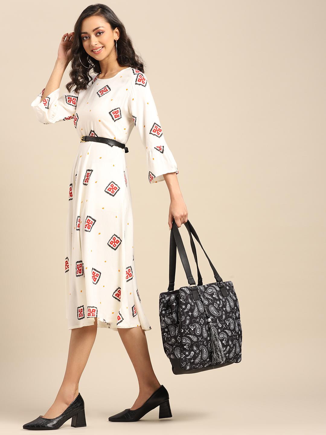 Buy Anouk Paisley Printed Tasselled Multi Compartment Large Structured Shoulder Bag -  - Accessories for Women