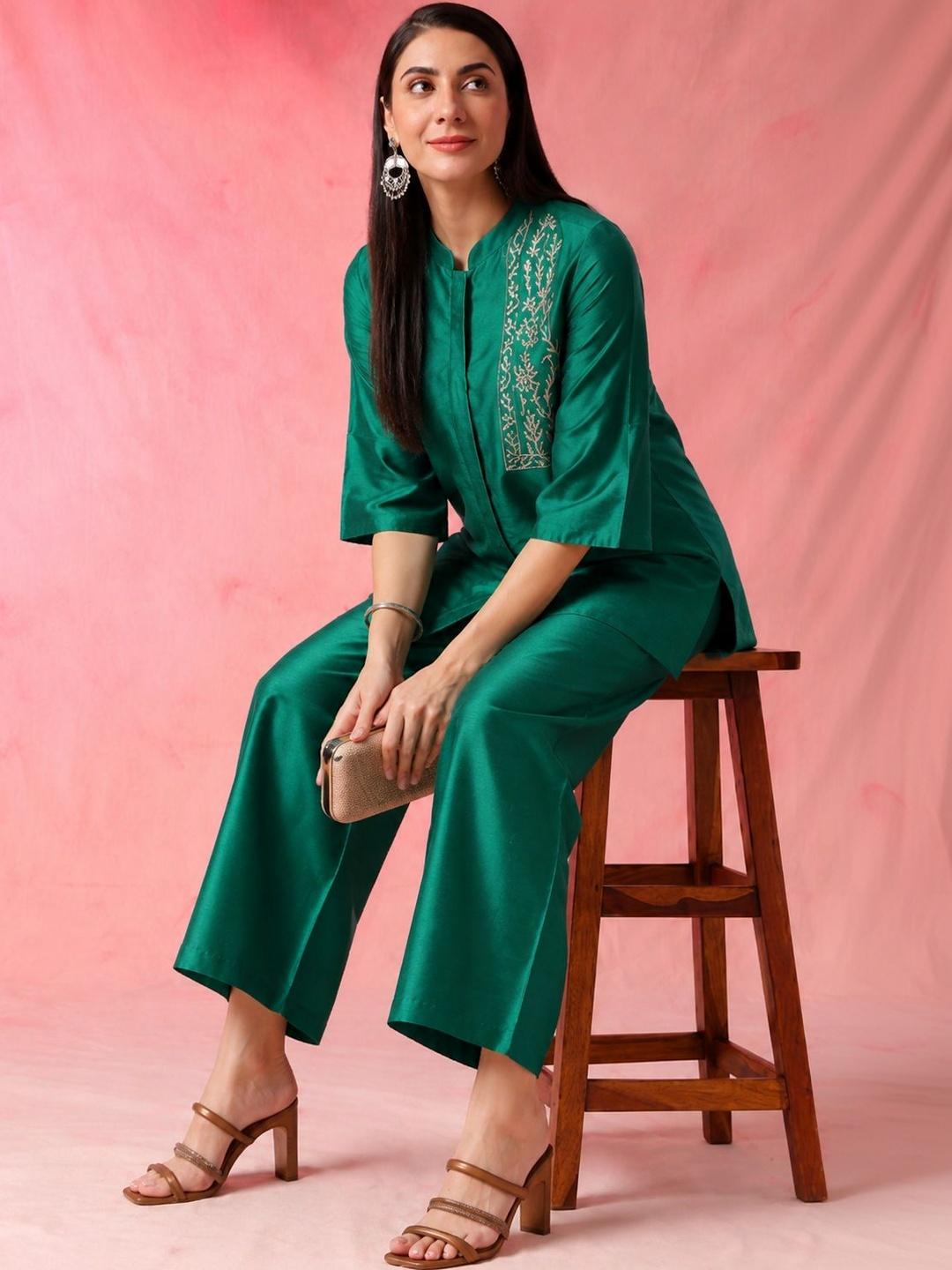 Buy Anouk Green Embroidered Mandarin Collar Top With Palazzos -  - Apparel for Women