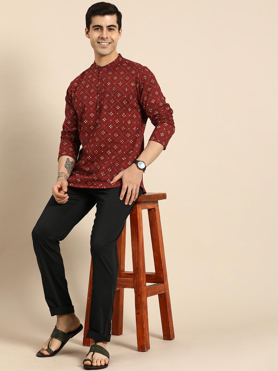Anouk Men Maroon Geometric Printed Mandarin Collar Kurta
