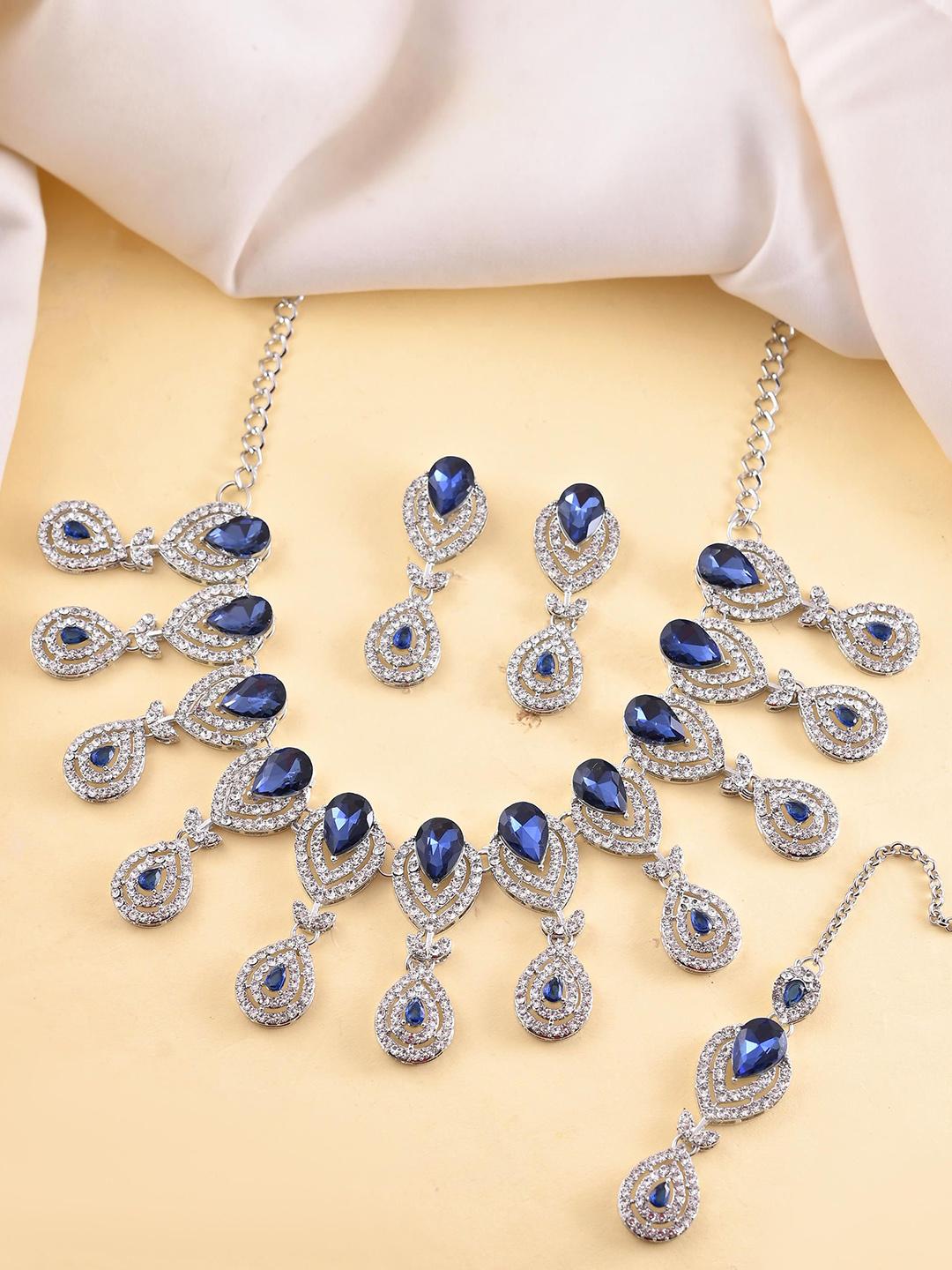 Buy Anouk Silver Plated Blue AD Studded Tear Drop Shape Jewellery Set - - Accessories for Women