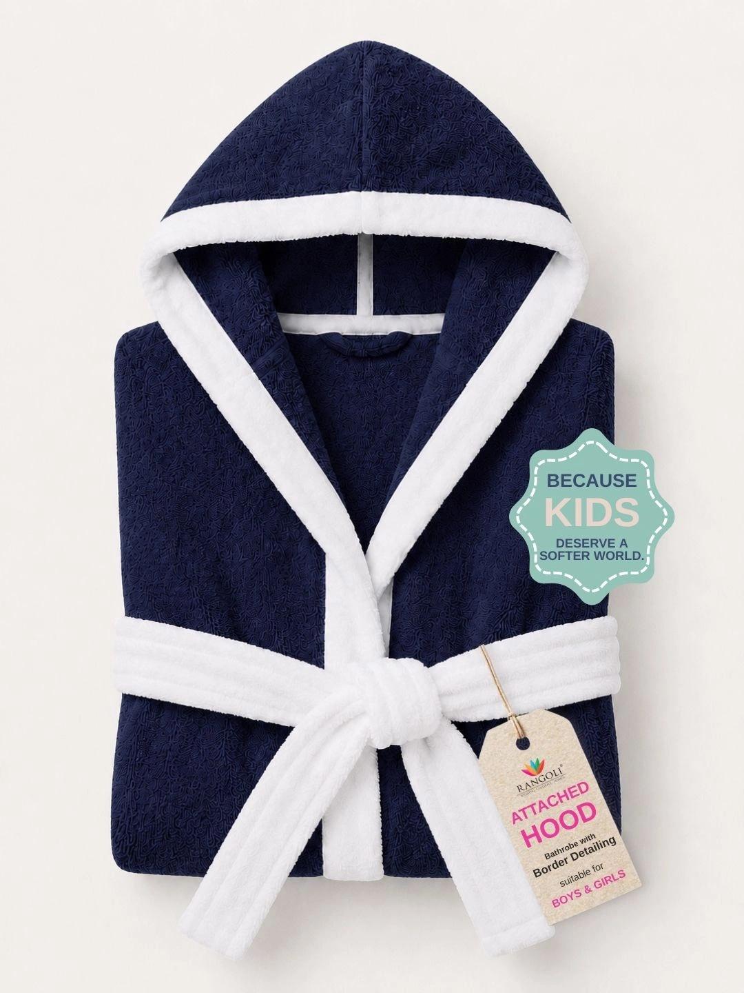 Buy RANGOLI Navy Blue Solid Cotton Drawstring Knee Length Bath Robe - - Home for Unisex Kids