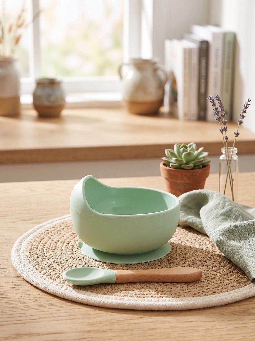 Buy YELONA Green Silicone Baby Bowl With Wooden Spoon - - Home for Unisex Kids