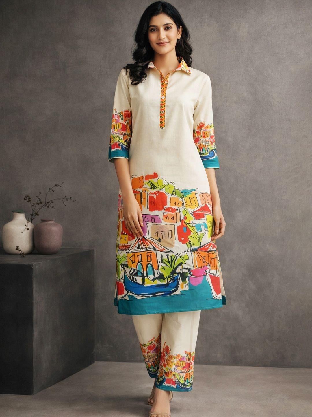 Buy Anouk Cream Women Printed Cotton Blend Kurta With Trousers Co Ord Set - - Apparel for Women