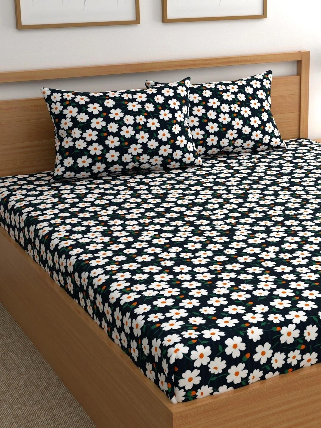 Buy Aura Blue & White Floral 180 TC Bedsheet With 2 Pillow Covers -  - Home for Unisex