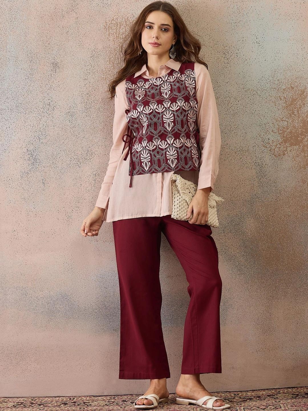 Buy Sangria Cotton Embroidered Shirt With Trousers & Waistcoat - - Apparel for Women
