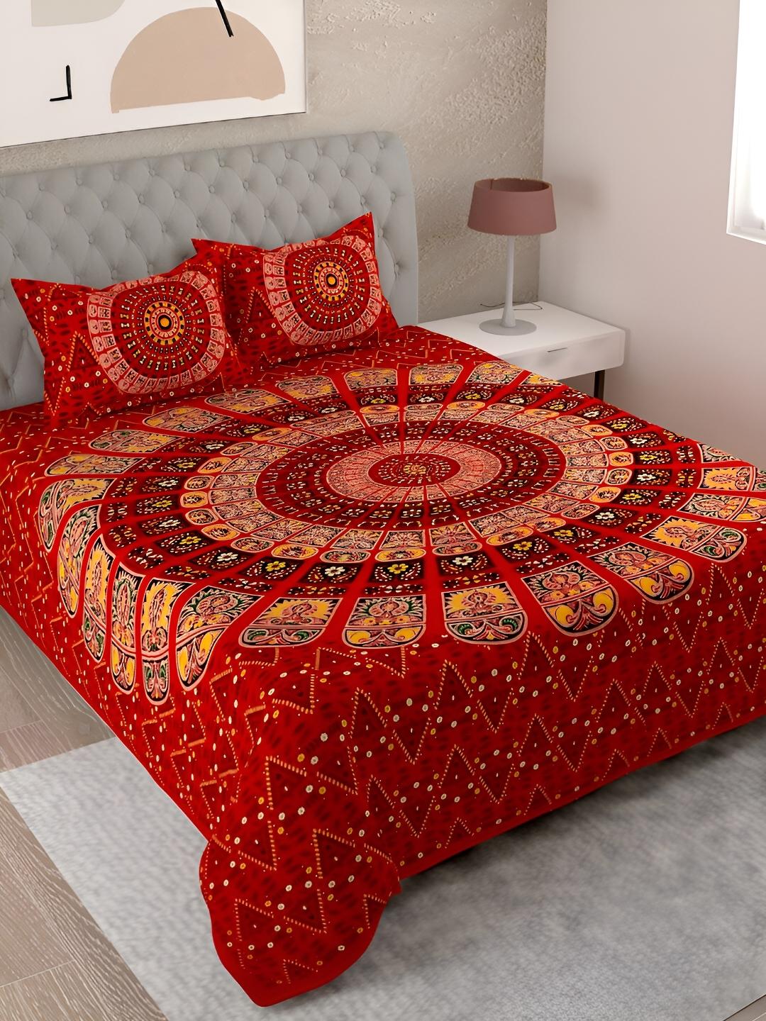 Buy Aura Red Ethnic Motifs Pure Cotton 144 TC King Bedsheet With 2 Pillow Covers 106 X 89 Inches - - Home for Unisex