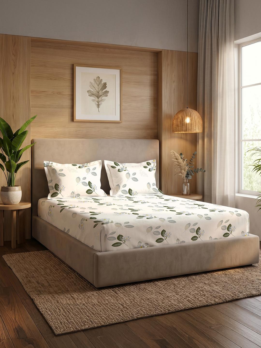 Buy URBAN SPACE Tea Leaves White Printed Microfiber 200 TC Queen Bedsheet Set In A Gift Box - - Home for Unisex