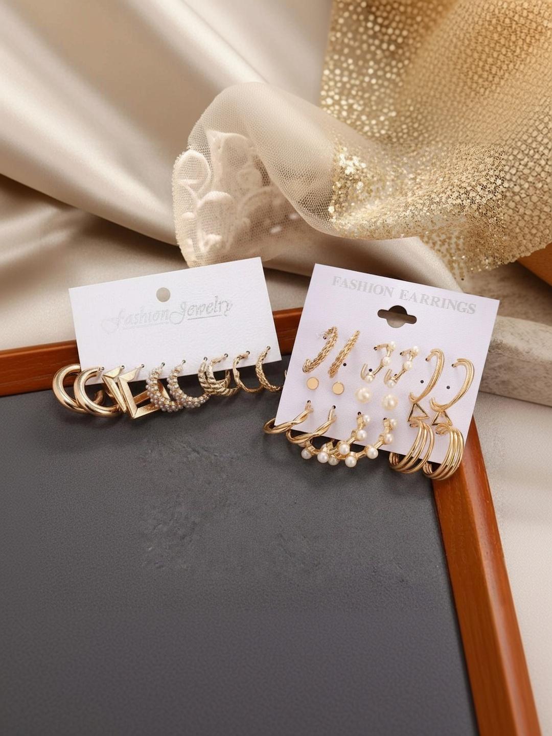 Buy DressBerry Pack Of 14 Elegant Gold Plated Pearl Hoop Stud Set Earrings - - Accessories for Women