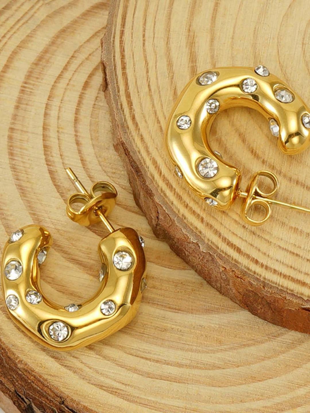 Buy DressBerry Stainless Steel Gold Plated AD Studded Circular Shaped Half Hoop Earrings - - Accessories for Women
