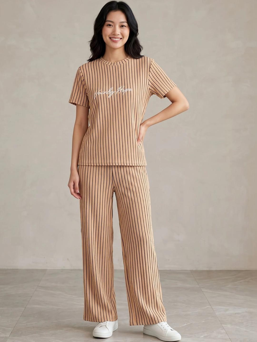 Buy Lugo Striped Self Design Round Neck T Shirt With Palazzo -  - Apparel for Women