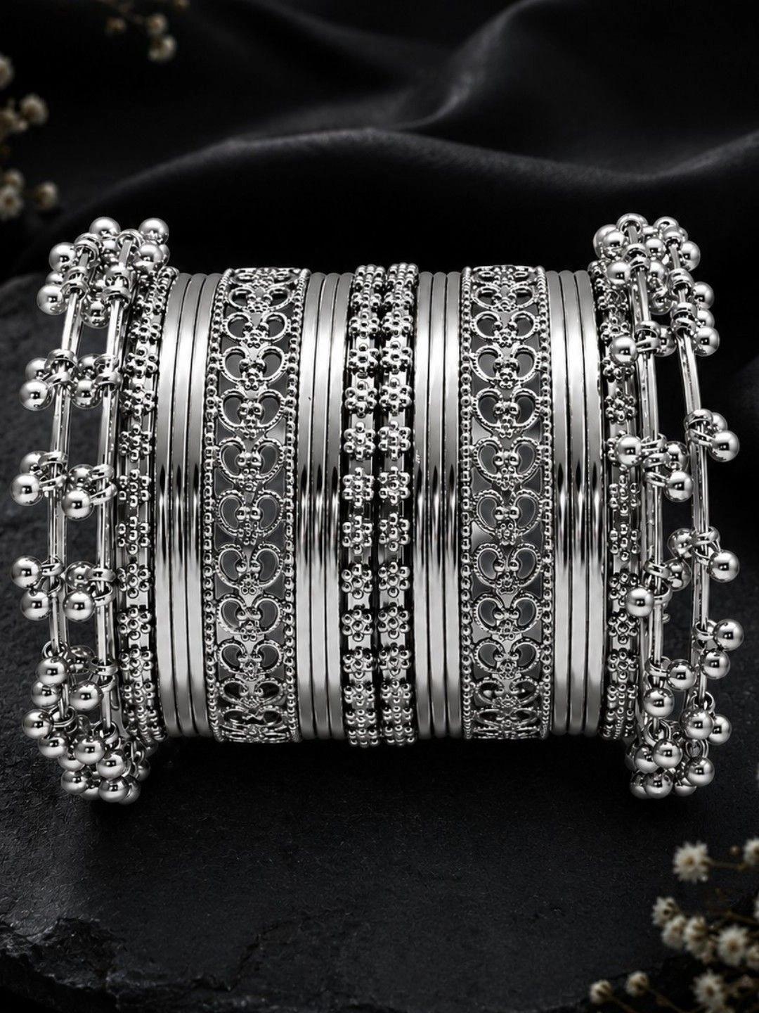 Buy OOMPH Set Of 22 Oxidised Silver Ghungroo Kashmiri Bangle Set - - Accessories for Women