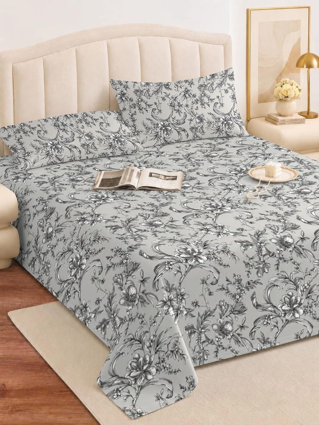 Buy Aura Grey & White Floral 180 TC Queen Bedsheet With 2 Pillow Covers - - Home for Unisex
