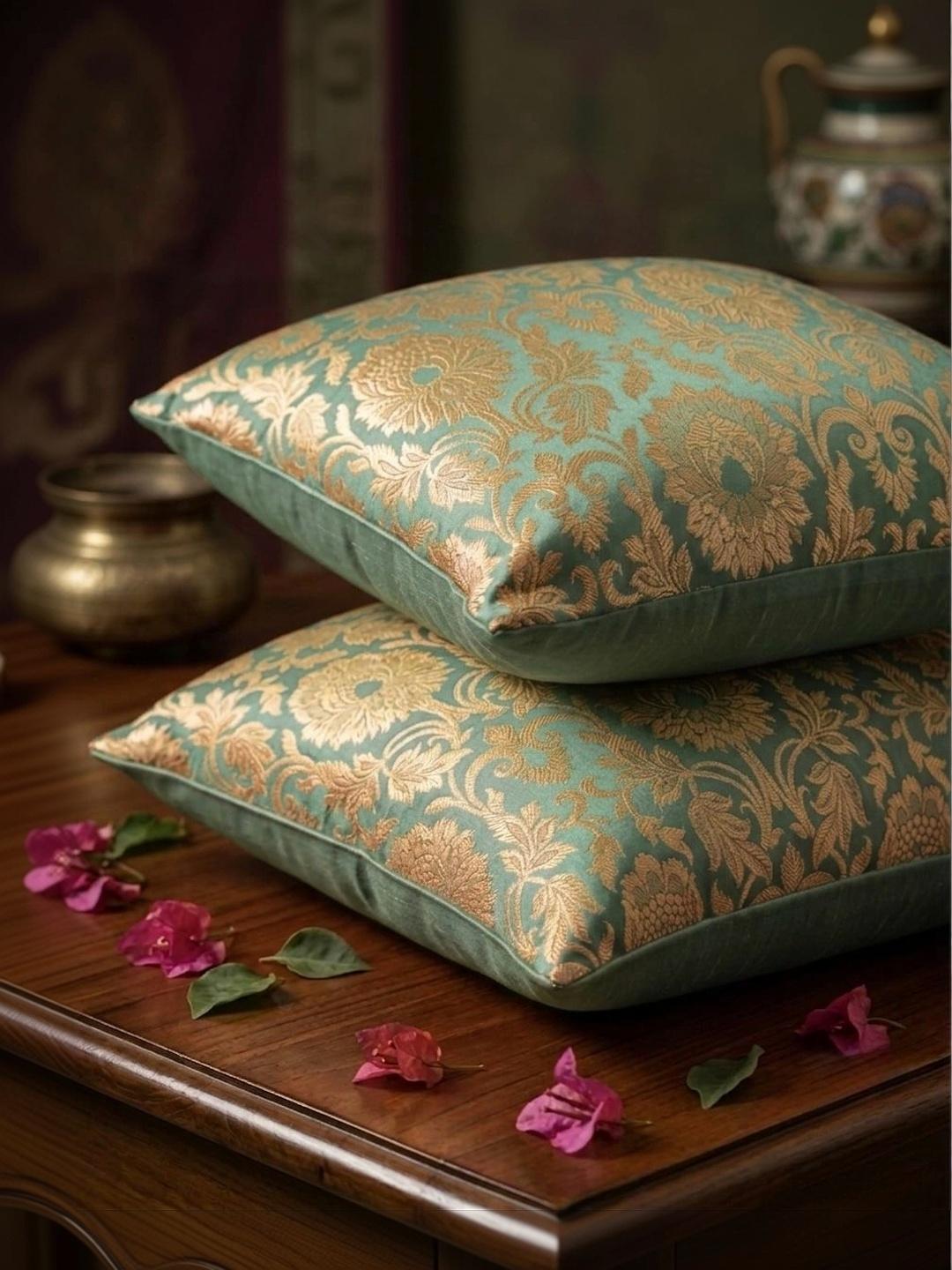 Buy RoyalDeco Green 2 Pieces Ethnic Motifs Zari Brocade Silk Square Cushion Covers - - Home for Unisex