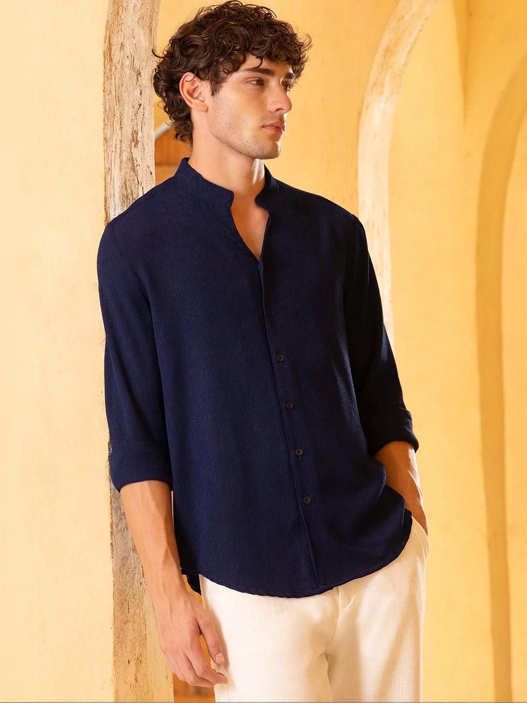 CAHOOT Men's Crinkle Textured Mandarin Collar Shirt