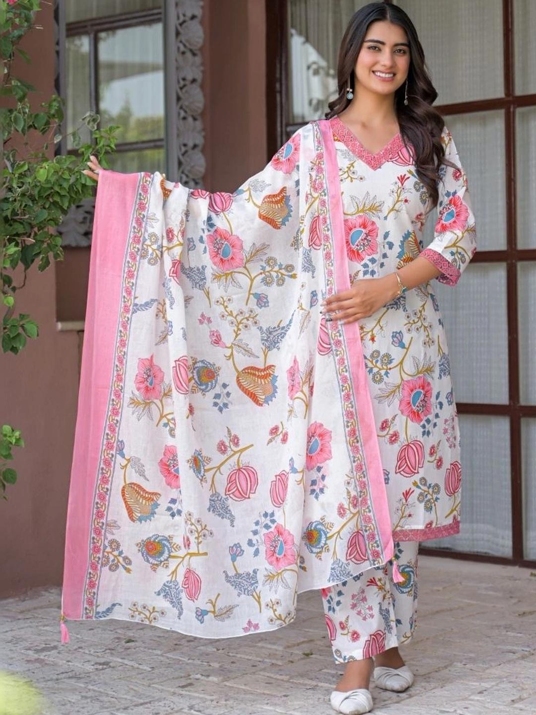 Buy Loomista Women Floral Printed Regular Pure Cotton Kurta With Trousers & With Dupatta -  - Apparel for Women