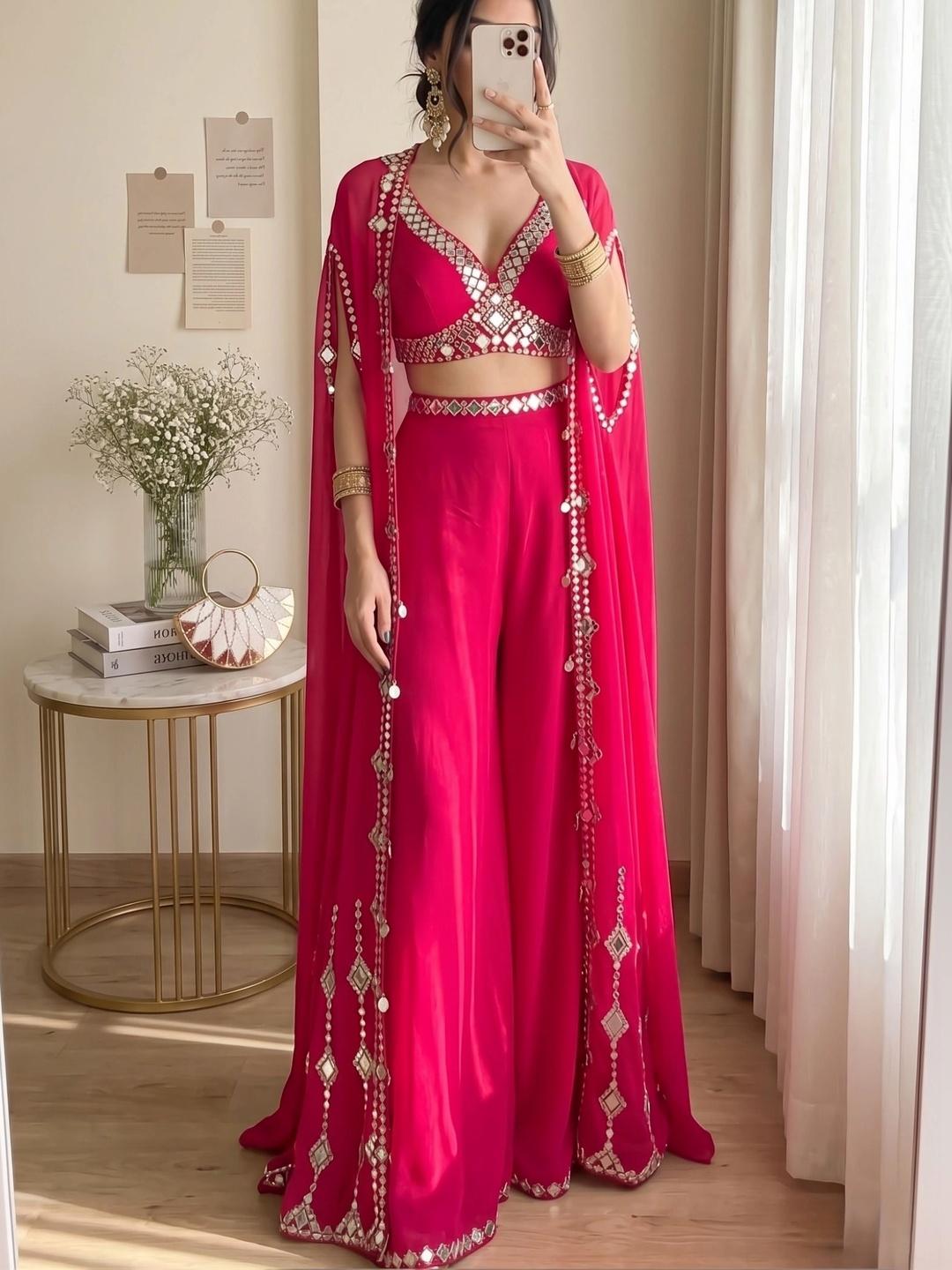 Buy NILORMY Embellished V Neck Top & Palazzos With Shurg Co Ords - - Apparel for Women