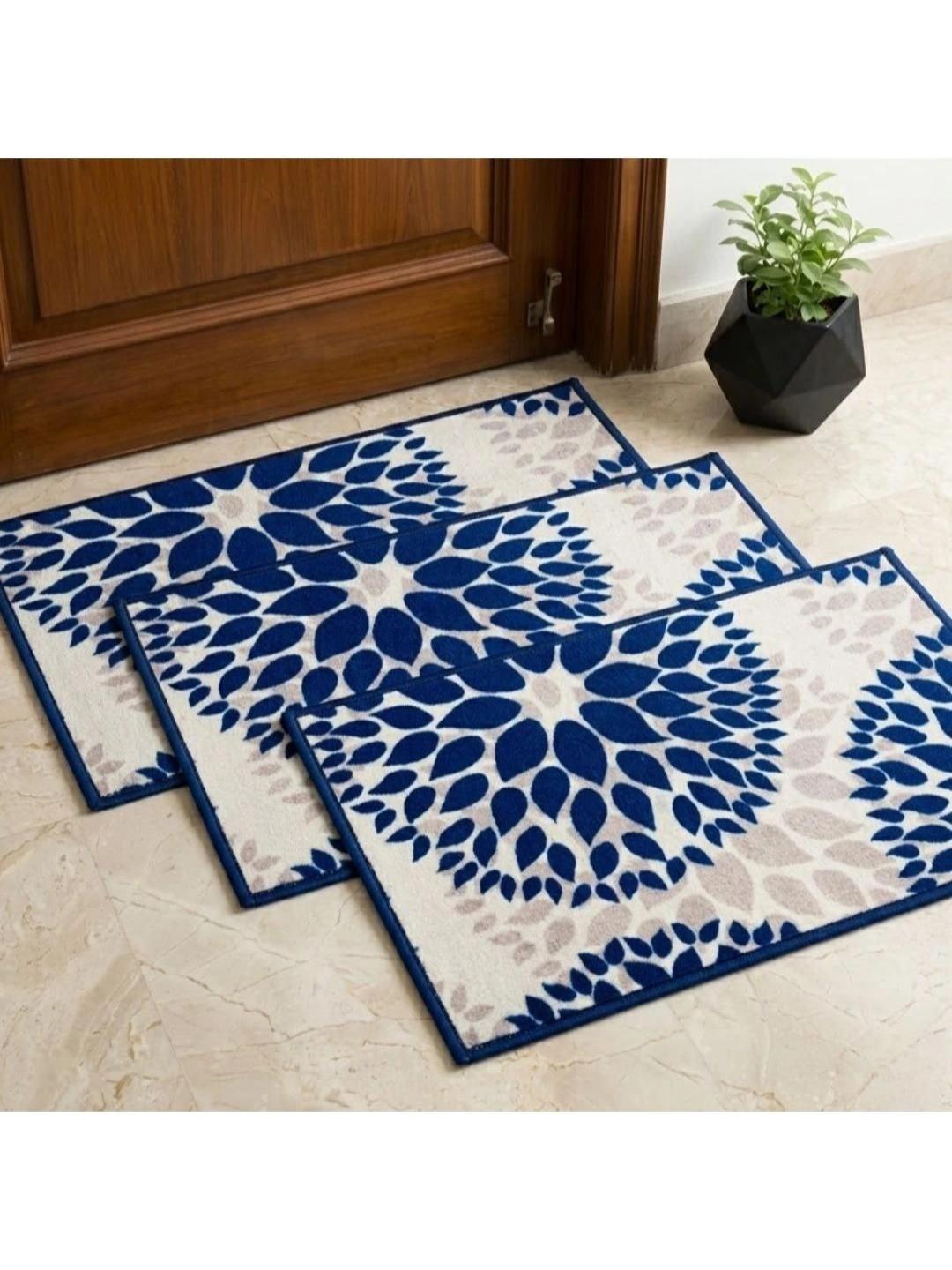 Buy Athom Trendz Blue & Cream 3 Pieces Floral Printed Anti Slip Doormat 57x37cm -  - Home for Unisex